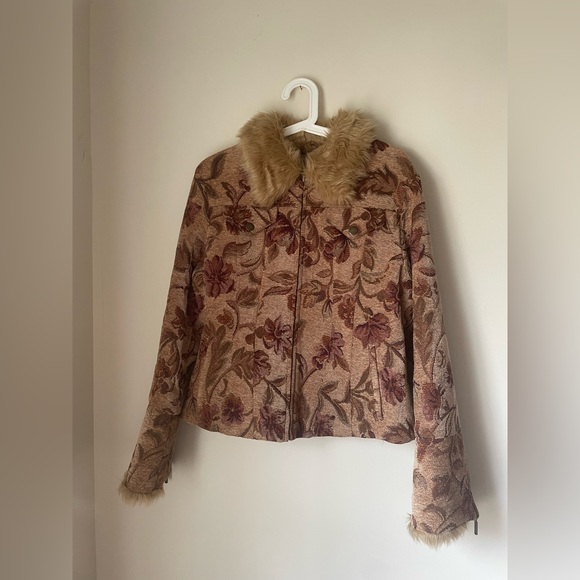 Static corduroy floral pattern jacket faux fur collar women’s size medium y2k - Picture 5 of 8